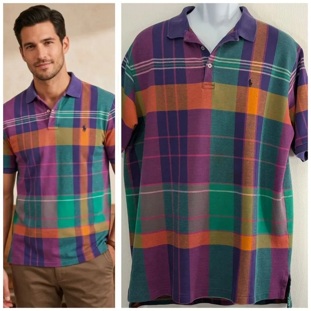 Polo Ralph Lauren Vintage 1980's Plaid Polo Shirt XL USA FLAWED RARE See Photos